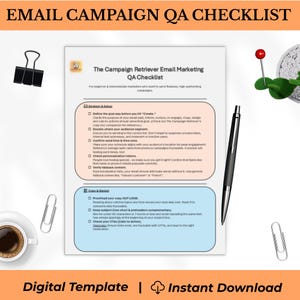 Peut inclure: Un modèle numérique intitulé "Email Campaign QA Checklist" avec le texte "The Campaign Retriever Email Marketing QA Checklist". La liste de contrôle comprend des sections sur la stratégie, la configuration, la copie et la conception. Un stylo, un trombone et une tasse de café sont également visibles.