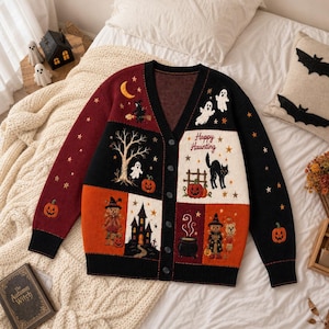 Vintage Halloween Patchwork Cardigan, Ghost Pumpkin Button Sweater, Retro Witch Moon Knitwear, Cottagecore Fall Outfit, Spooky Season Gift