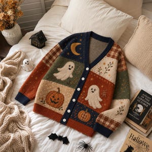 Vintage Halloween Patchwork Cardigan, Ghost Pumpkin Button Sweater, Retro Witch Moon Knitwear, Cottagecore Fall Outfit, Spooky Season Gift