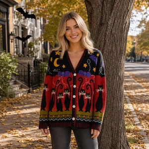 May include: A V-neck button-down cardigan featuring a black, red, and green knit pattern with black cats, purple bats, yellow stars, and a crescent moon. The long-sleeved garment has a ribbed hem and cuffs, with a repeating geometric border design.