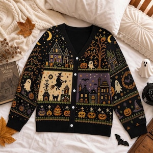 Può includere: Un cardigan nero con scollo a V e chiusura a bottoni, caratterizzato da un motivo lavorato a maglia con temi di Halloween come case infestate, una strega su una scopa, fantasmi, zucche, pipistrelli e lune crescenti in arancione, viola, giallo e bianco.