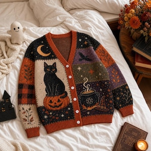 Peut inclure: Un cardigan à manches longues et col en V avec un motif patchwork représentant un chat noir sur une citrouille, un chaudron fumant, un croissant de lune, des étoiles et un chapeau de sorcière. Le tricot présente des panneaux orange, noirs et violets.