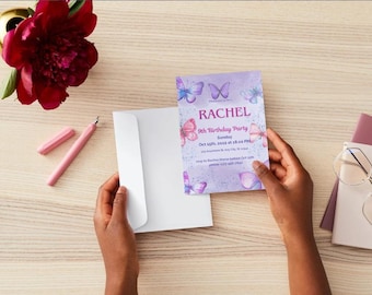 Butterfly Birthday Invitations Template, Floral Accents (Digital Download)