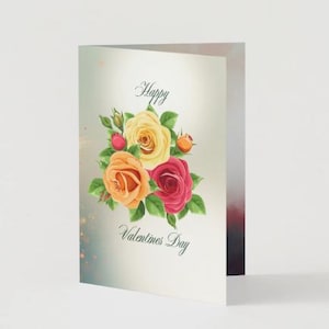May include: A folded Valentine's Day card featuring a watercolor floral design. The bouquet includes yellow, orange, and red roses with green leaves. The words "Happy Valentine's Day" are written in elegant script.