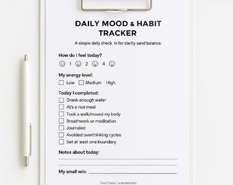 Daily Mood & Habit Tracker | Printable Mental Health Tracker | Wellness Check-In Worksheet | Instant Download PDF