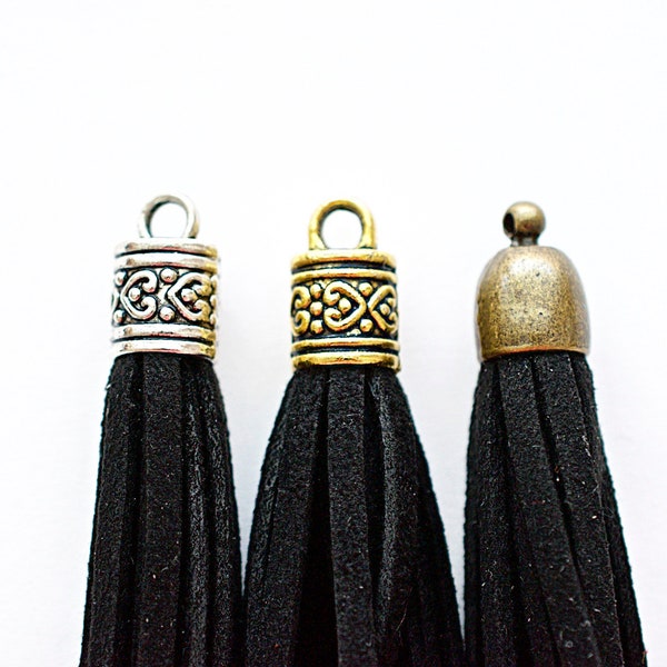 2 Black Faux Suede Tassel, Pendant, 85mm, Handmade Supply