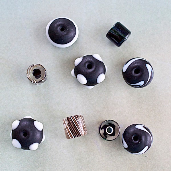 CLEARANCE! Matte Black Lampwork, White Dots, Swirl Bead, Glass Cylinder Bead Mix, 9 Pieces