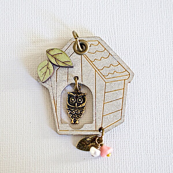 DESTASH, Owl Birdhouse Pendant, Gray Wood, Owl Charm