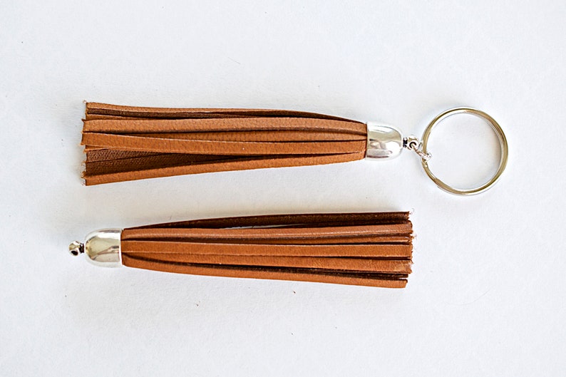Deerskin Leather Saddle Tan Tassel Smooth Silver Cap Pendant or Keychain 90mm 1 Piece