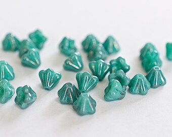 Opaque Turquoise, Baby Bell, Flower Bead, Czech Glass, 4x6mm, 25 Pieces (MF1050)