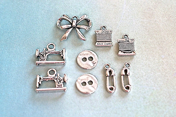 CLEARANCE, Sewing Theme Charms Set Silver Plated Jewelry Supplies 9 Pieces  