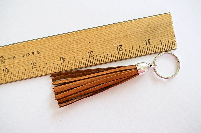 Deerskin Leather Saddle Tan Tassel Smooth Silver Cap Pendant or Keychain 90mm 1 Piece