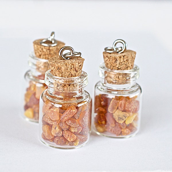 Vial Pendant with Tiny Raw Amber Pebbles, 35X18mm, 1 Piece