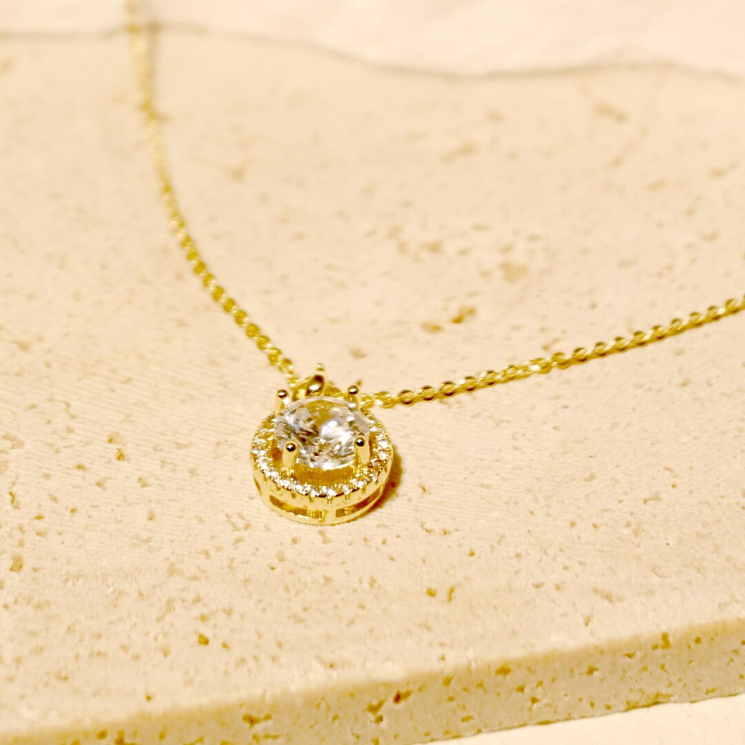 Dainty Round Diamond Necklace Gold plated Minimalist Pendant Etsy