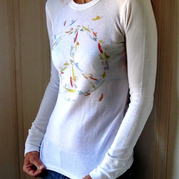 Ladies Peace Thermal long sleeved tee with colorful & cool peace image of surfers and wave riders ... cotton.  FREE SHIPPING