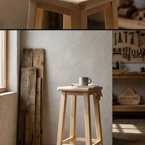 May include: A tall, light-colored wooden stool with four straight legs and a square seat. A small ceramic mug and a folded cloth rest on the top surface. The stool is constructed from natural pine wood with a visible grain and smooth finish.