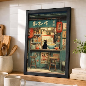 Vintage Japanese Ramen Shop Black Cat Canvas Art, Izakaya Kitchen Decor, Japan Street Café, Cat Lover Kitchen Art, Japanese Restaurant Decor