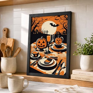 May include: A framed rectangular wall art print featuring a Halloween-themed table setting with orange and black colors. The illustration depicts carved jack-o'-lanterns, plates, cutlery, and a full moon against a dark silhouette of trees and bats.