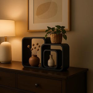 May include: A bedroom interior with a cream-coloured lamp with a cylindrical base and lampshade. A dark brown dresser holds a black shelf unit with a plant, vases, and dried flowers. A bed with pillows is visible.