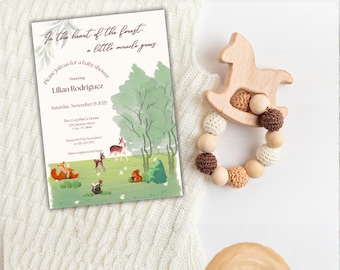 Woodland Animals Baby Shower Invitation, Editable Canva Template (Digital Download)