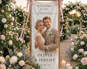 Custom Wedding Welcome Sign, Vertical Fabric Wedding Banner, Custom Photo Banner, Personalized Couple Portrait Decor Backdrop