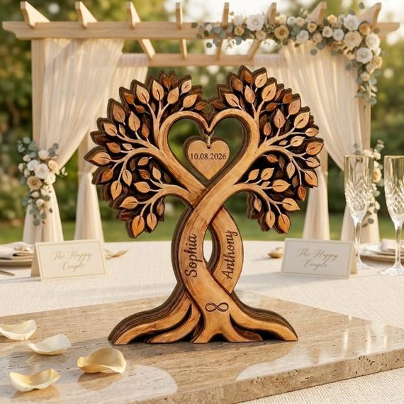 Couple Heart Tree 2D Flat Wooden Block, Custom Couple Name Sign, Engraved Wooden Plaque Decor, Wedding Anniversary Gifts, Romantic Decor
