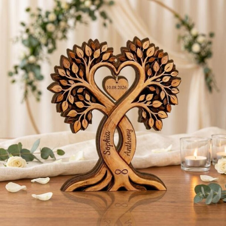 Op de afbeelding: Een houten boomsculptuur met twee verstrengelde stammen gegraveerd met de namen Sophia en Anthony, een centrale hartvormige uitsparing en een hangend hartornament met de datum 10.08.2026 en een oneindigheidssymbool aan de voet.