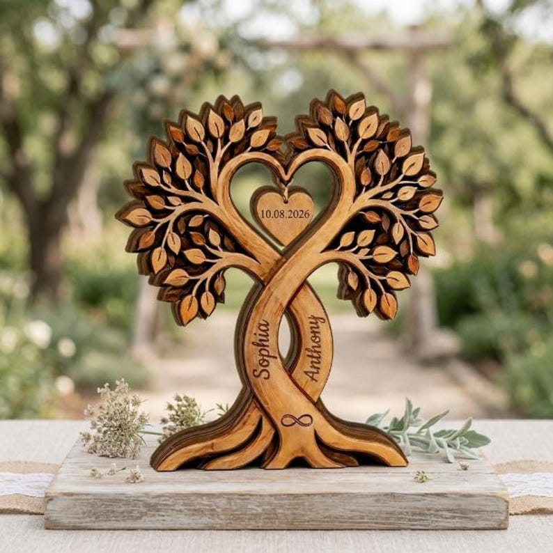 Op de afbeelding: Een houten boomsculptuur met twee verstrengelde stammen die een hartvorm vormen. De stammen zijn gegraveerd met de namen Sophia en Anthony en een oneindigheidssymbool. Een hartvormige hanger in het midden toont de datum 10.08.2026.