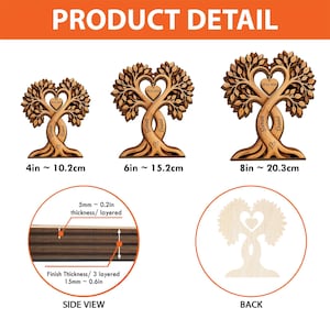 Op de afbeelding: Drie houten boomsculpturen met hartvormige centra, gegraveerd met namen en datums. Maten: 10,2 cm, 15,2 cm en 20,3 cm. Een zijaanzicht toont een laagdikte van 5 mm en een totale dikte van 15 mm. De achterkant is van lichtgekleurd hout.