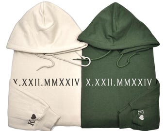 Embroidered Roman Numeral Matching Hoodie, Custom Initials With Heart On Sleeve, Boyfriend Gift, Custom Anniversary Date Couple Sweatshirt
