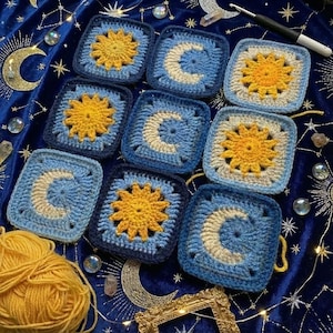 Cuadrado de la abuela a crochet Sol y Luna // PATRÓN PDF en inglés