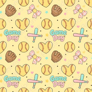 May include: A repeating pattern on a pale yellow background features baseballs, heart-shaped baseballs, baseball gloves, bows, bats, and the text "Game Day." The design includes pink, blue, and brown elements.
