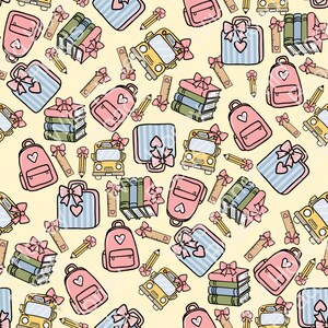 May include: A repeating pattern of school-themed illustrations on a light yellow background. The design includes pink backpacks with heart details, blue striped suitcases with bows, stacks of books, yellow school buses, pencils, and rulers.
