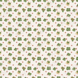 May include: A repeating pattern of green frogs, red hearts, and tan envelopes on a cream background. The frogs are in various poses, some holding hearts, others with envelopes, creating a whimsical and romantic design.