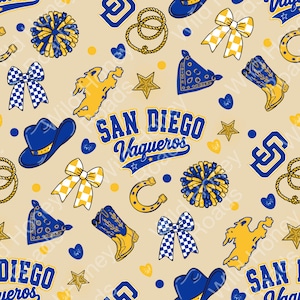 May include: A seamless pattern on a beige background featuring blue and yellow illustrations of cowboy hats, boots, lassos, bandanas, cheer bows, pom-poms, horseshoes, stars, hearts, and the text San Diego Vaqueros in blue and yellow lettering.