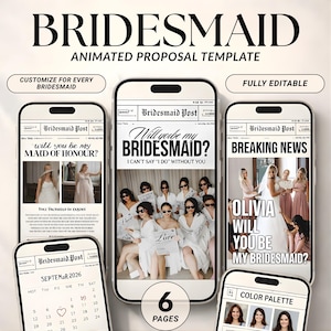 Sjabloon videovoorstel bruidsmeisje krant, bewerkbare Canva bruidsmeisje uitnodiging, digitale download Be My Bridesmaid