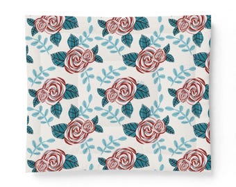 Handpainted Rose Floral Cotton Comforter | Pink Roses, Teal Leaves
