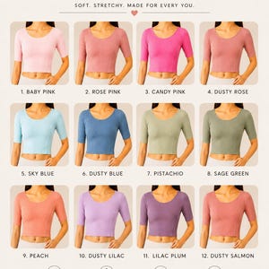 May include: A shade card featuring a variety of short-sleeved crop tops in twelve different colors, including Baby Pink, Sky Blue, and Lilac Plum. The text at the top reads "SHADE CARD" and "SOFT. STRETCHY. MADE FOR EVERY YOU."