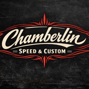 May include: A vintage-style logo on a textured black background. The logo features the name "Chamberlin" in a cream-colored script, with "Speed & Custom" below in a bold, sans-serif font. Red decorative lines and accents frame the text.