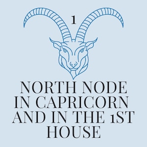 May include: A light blue graphic featuring a blue line drawing of a Capricorn goat head with curved horns. Above the goat is the number 1. Below the goat is the text: "NORTH NODE IN CAPRICORN AND IN THE 1ST HOUSE."