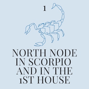 May include: Light blue graphic with a blue line drawing of a scorpion above the text "NORTH NODE IN SCORPIO AND IN THE 1ST HOUSE" and the number "1".