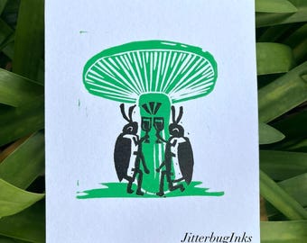 Impression linogravure Célébration des coléoptères • Carte de voeux