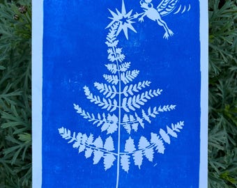 Impression linogravure Fée grenouille et fougère • Carte de voeux
