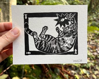 Impression linogravure Sleepy Cat • Carte de voeux