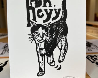Impression linogravure chat impertinent • Carte de voeux