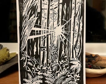 Sunlight Through Forest Linocut Print • Greeting Card