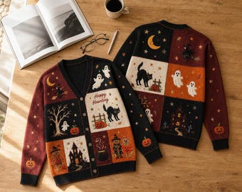Spooky Graphic Halloween Cardigan, Witch Pumpkin Black Cat Ghost Sweater, Whimsical Fall Cardigan, Witchy Outfit Gift, Holiday Knit Cardigan