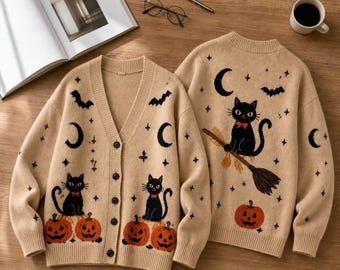 Halloween Witchy Black Cat Pumpkin Cardigan, Cute Spooky Graphic Sweater, Halloween Outfit Gift, Whimsical Fall Cardigan, Cozy Knit Cardigan