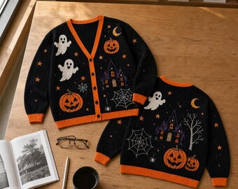 Spooky Halloween Graphic Cardigan, Cute Pumpkin Ghost Sweater, Whimsical Fall Cardigan, Witchy Outfit Gift, Cozy Holiday Knit Cardigan