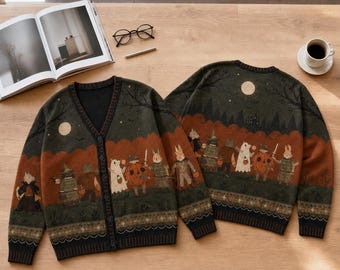 Halloween Cottagecore Cardigan, Cute Animals Woodland Sweater, Whimsical Fall Cardigan, Witchy Haunted House Holiday Outfit Knit Cardigan